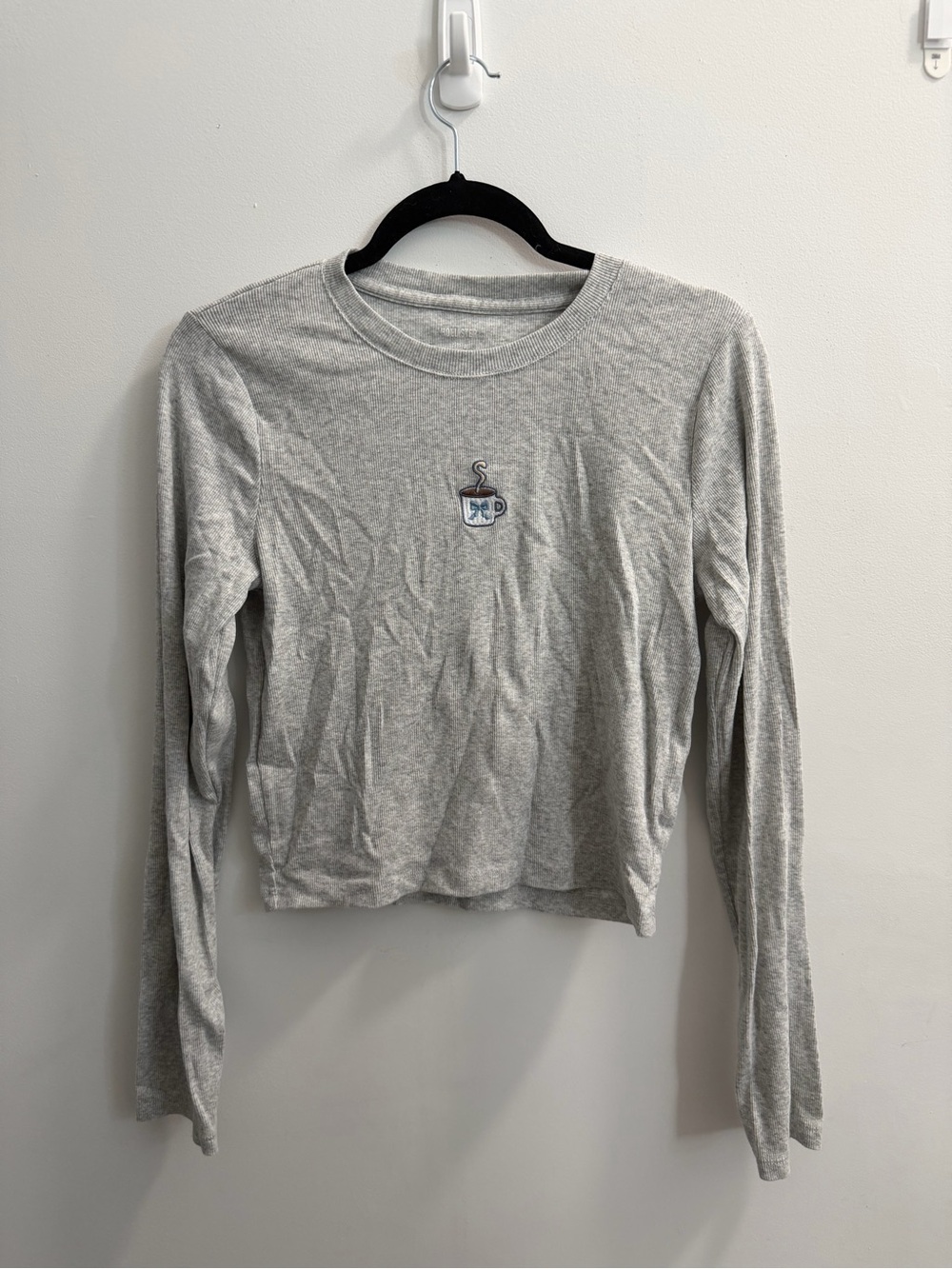 Hollister Light Gray Long Sleeve Cropped Pajama Top with Coffee Mug Embroidery